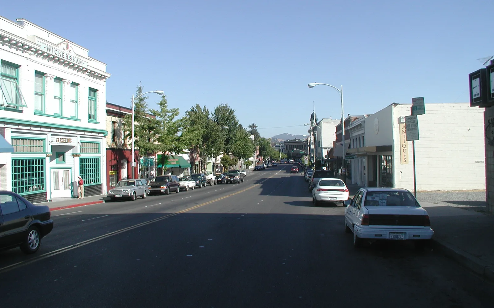 Historic Petaluma downtown district with Victorian storefronts and buildings along the street